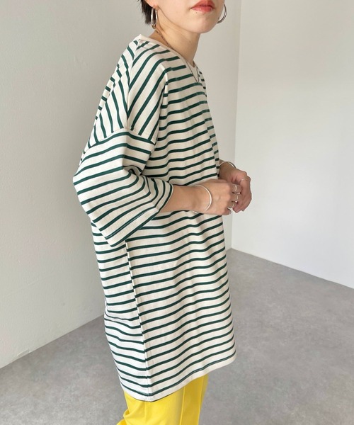 natto(ナット)の「【ユニセックスアイテム】loose silhouette border tee / ルーズシルエットボーダーティー(Tシャツ/カットソー・メンズ・ブラック/アイボリー/ブルー/グリーン・FREE)」の19枚目の写真