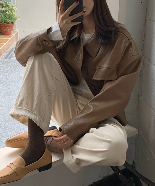 DAY CLOSET(デイ クローゼット)の「レディース オーバーサイズ合皮ジャケット(ブルゾン・レディース・ブラウン/ブラック・ONE SIZE)」の12枚目の写真