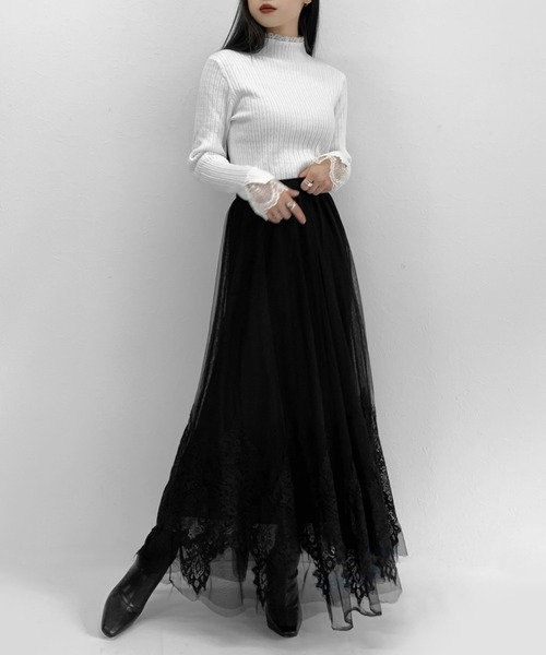 IENA 長袖 ニット ハイネック ネイビー レース IENA（イエナ）の「レースツキハイネックリブプルオーバー