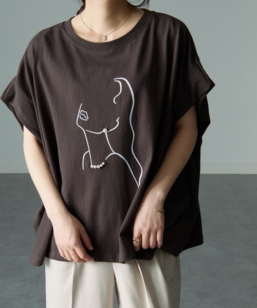 tシャツ パール調ビジュー付フロッキープリントＴシャツ レディース パール調ビジュー付フロッキープリントTシャツ（Tシャツ