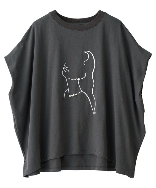 tシャツ パール調ビジュー付フロッキープリントＴシャツ レディース パール調ビジュー付フロッキープリントTシャツ（Tシャツ