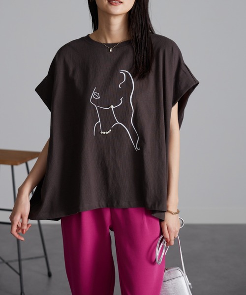 パール調ビジュー付フロッキープリントＴシャツ セール】パール調ビジュー付フロッキープリントTシャツ（T