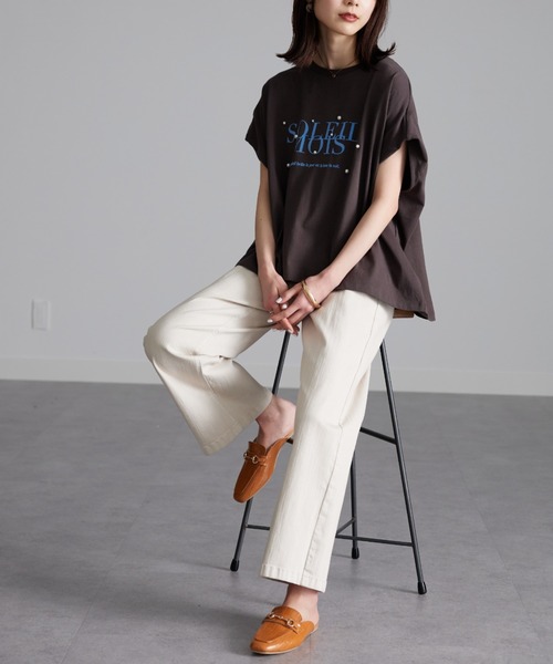 パール調ビジュー付フロッキープリントＴシャツ セール】パール調ビジュー付フロッキープリントTシャツ（T