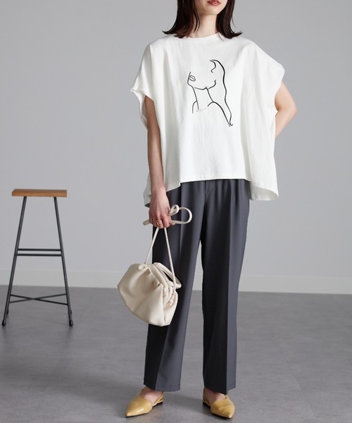 セール】パール調ビジュー付フロッキープリントTシャツ（T