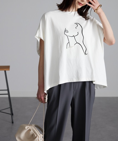 RANAN（ラナン）の「パール調ビジュー付フロッキープリントＴシャツ（Tシャツ/カットソー・レディース・グレー系1/ホワイト系2/ホワイト系1/グレー系2・L/LL/M）」の21枚目の写真