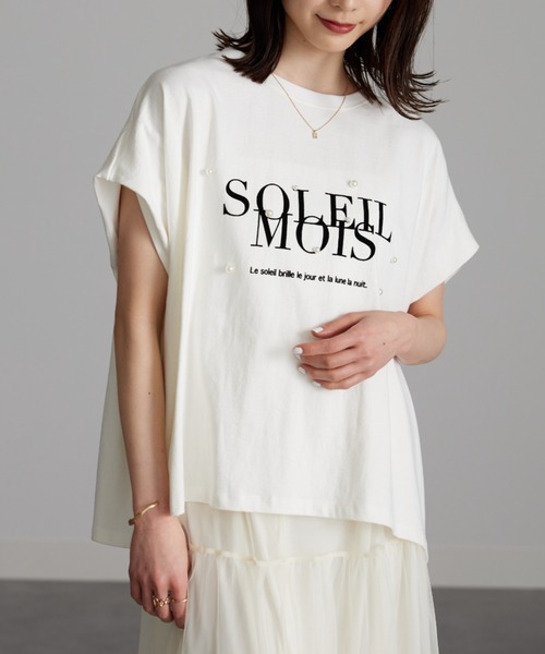 tシャツ パール調ビジュー付フロッキープリントＴシャツ レディース パール調ビジュー付フロッキープリントTシャツ（Tシャツ