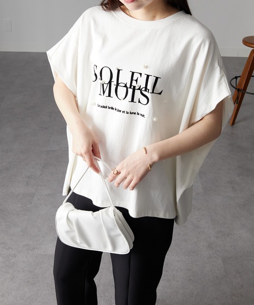 tシャツ パール調ビジュー付フロッキープリントＴシャツ レディース パール調ビジュー付フロッキープリントTシャツ（Tシャツ