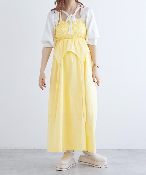 w closet（ダブルクローゼット）の「【マルチウェイ】ガーター風切替ワンピース（ワンピース・レディース・スミクロ/イエロー系/オフホワイト・FREE）」の18枚目の写真