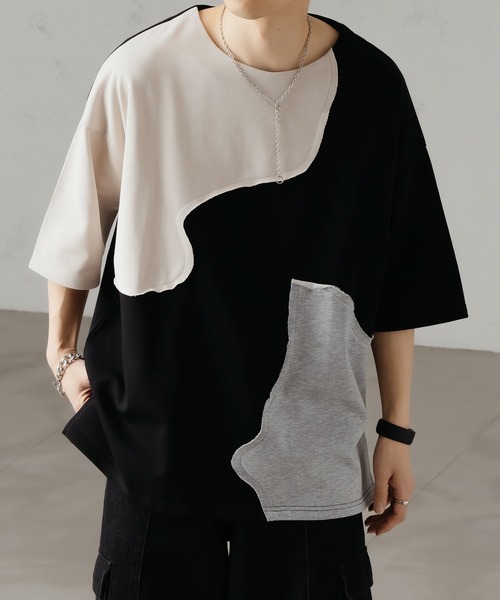epnok(エプノック)の「ミニ裏毛切り替えルーズTee(Tシャツ/カットソー・メンズ・グレイッシュベージュ/ブラック/グレー・SMALL/MEDIUM/LARGE)」の2枚目の写真