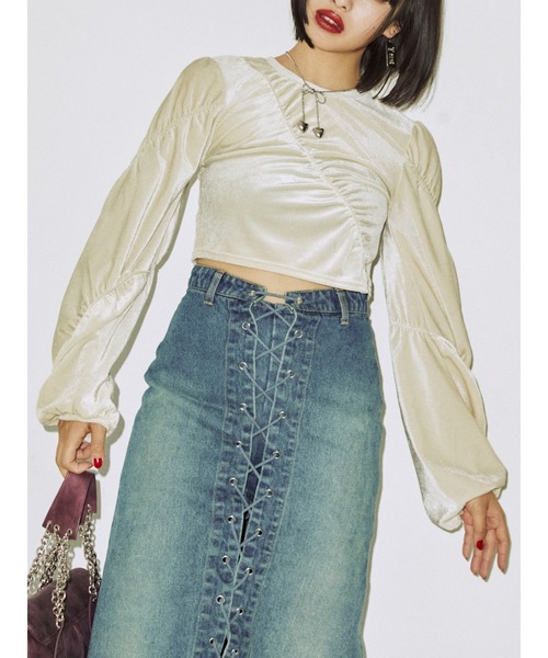 セール】ベロアギャザートップス【クロップド丈】（Tシャツ/カットソー