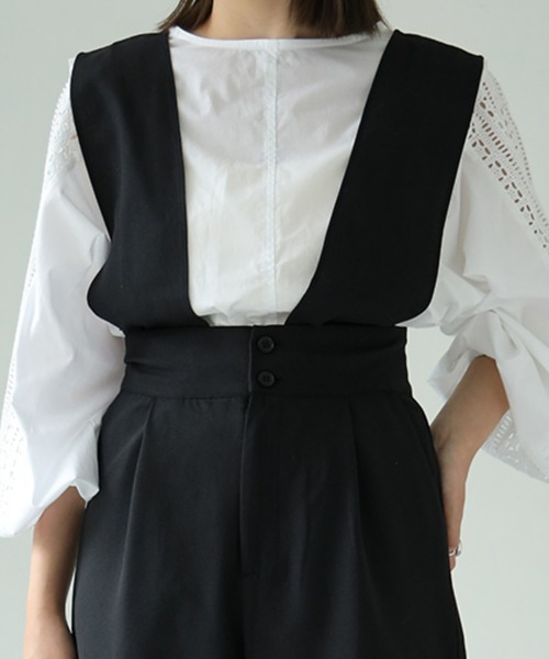 each（イーチ）の「2wayサロペワイドパンツ（サロペット/オーバーオール・レディース・ダークグリーン/ブラック・FREE）」の5枚目の写真