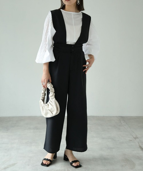 each（イーチ）の「2wayサロペワイドパンツ（サロペット/オーバーオール・レディース・ダークグリーン/ブラック・FREE）」の3枚目の写真