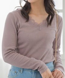 Vネック レース テレコ ロングTシャツ