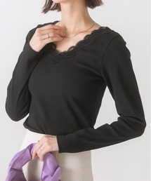 Vネック レース テレコ ロングTシャツ