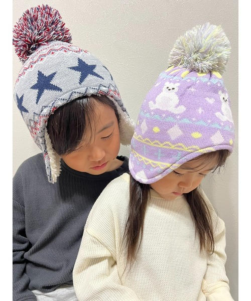 くま柄耳付ニット帽（ニットキャップ/ビーニー）｜Kids Foret（キッズ