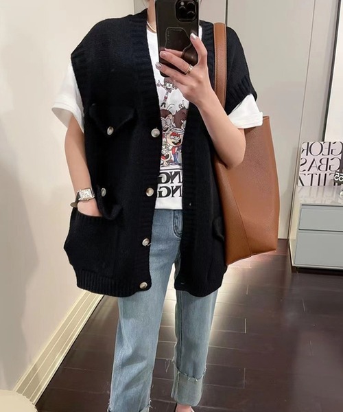 Silly（シリー）の「【デザイン性のある春アイテム】オーバーサイズニットベスト（ベスト・レディース・グレー/ブラック/ベージュ・FREE）」の4枚目の写真