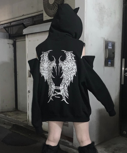 MAROCORE(マロコア)の「【MAROCORE】25SS ツノつき 堕天使 ダブルジップ ビッグシルエットパーカー(パーカー・メンズ・ブラック・FREE)」の12枚目の写真