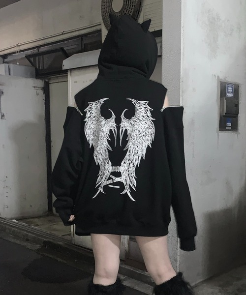 MAROCORE(マロコア)の「【MAROCORE】25SS ツノつき 堕天使 ダブルジップ ビッグシルエットパーカー(パーカー・メンズ・ブラック・FREE)」の13枚目の写真