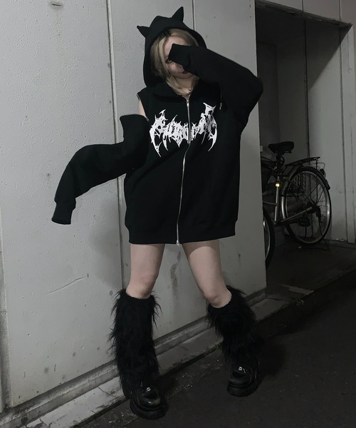 MAROCORE(マロコア)の「【MAROCORE】25SS ツノつき 堕天使 ダブルジップ ビッグシルエットパーカー(パーカー・メンズ・ブラック・FREE)」の6枚目の写真