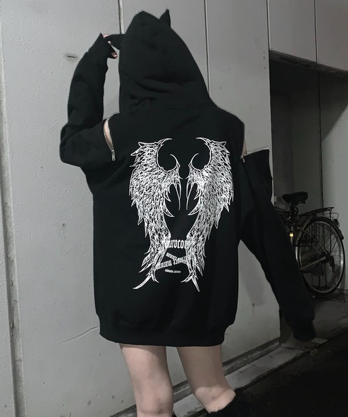 MAROCORE(マロコア)の「【MAROCORE】25SS ツノつき 堕天使 ダブルジップ ビッグシルエットパーカー(パーカー・メンズ・ブラック・FREE)」の17枚目の写真