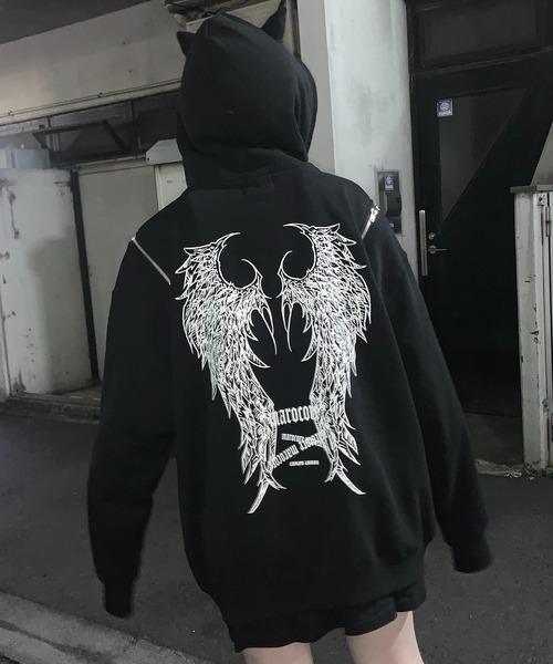 MAROCORE(マロコア)の「【MAROCORE】25SS ツノつき 堕天使 ダブルジップ ビッグシルエットパーカー(パーカー・メンズ・ブラック・FREE)」の21枚目の写真