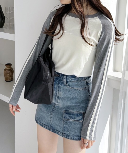 Heather（ヘザー）の「ラグランラインTEE　105314（Tシャツ/カットソー・レディース・ベージュ/ネイビー/グレー・FREE）」の2枚目の写真