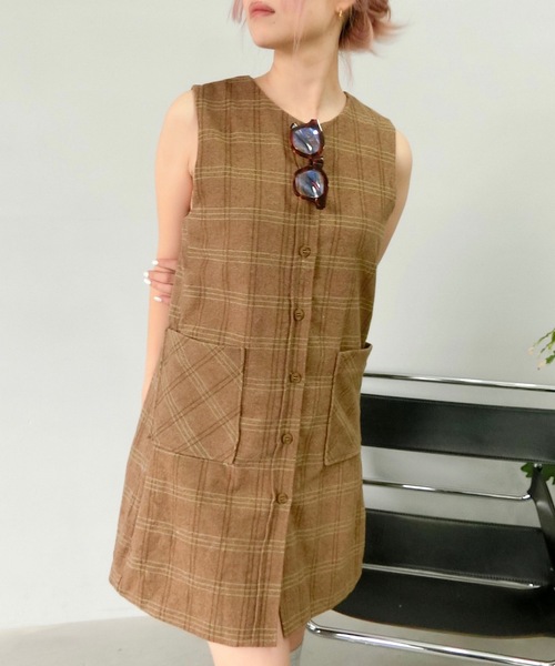 SANSeLF（サンセルフ）の「スリーブレスチェックワンピース【SANSeLF】sanw24s009（ワンピース・レディース・ブラック/ブラウン・FREE）」の11枚目の写真