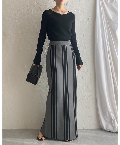She's Closet（シーズクローゼット）の「前後2WAYストライプスリット入りハイウエストニットタイトロングスカート（スカート・レディース・ベージュ/チャコール/ブラック・FREE）」の4枚目の写真