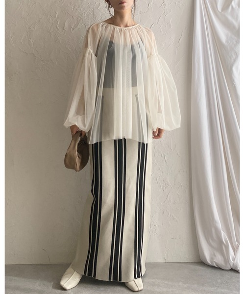 She's Closet（シーズクローゼット）の「前後2WAYストライプスリット入りハイウエストニットタイトロングスカート（スカート・レディース・ベージュ/チャコール/ブラック・FREE）」の8枚目の写真