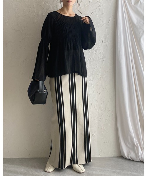 She's Closet（シーズクローゼット）の「前後2WAYストライプスリット入りハイウエストニットタイトロングスカート（スカート・レディース・ベージュ/チャコール/ブラック・FREE）」の9枚目の写真