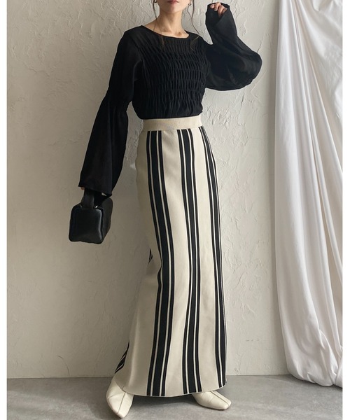 She's Closet（シーズクローゼット）の「前後2WAYストライプスリット入りハイウエストニットタイトロングスカート（スカート・レディース・ベージュ/チャコール/ブラック・FREE）」の10枚目の写真