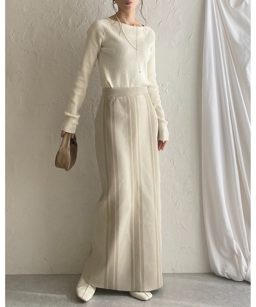She's Closet（シーズクローゼット）の「前後2WAYストライプスリット入りハイウエストニットタイトロングスカート（スカート・レディース・ベージュ/チャコール/ブラック・FREE）」の12枚目の写真