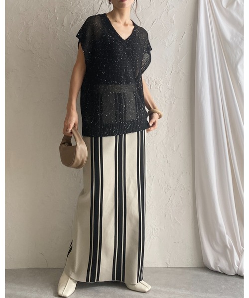 She's Closet（シーズクローゼット）の「前後2WAYストライプスリット入りハイウエストニットタイトロングスカート（スカート・レディース・ベージュ/チャコール/ブラック・FREE）」の16枚目の写真