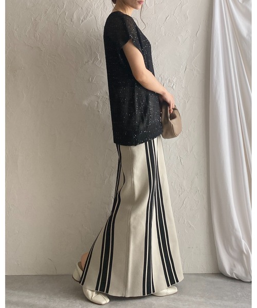 She's Closet（シーズクローゼット）の「前後2WAYストライプスリット入りハイウエストニットタイトロングスカート（スカート・レディース・ベージュ/チャコール/ブラック・FREE）」の17枚目の写真