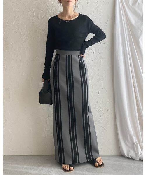 She's Closet（シーズクローゼット）の「前後2WAYストライプスリット入りハイウエストニットタイトロングスカート（スカート・レディース・ベージュ/チャコール/ブラック・FREE）」の18枚目の写真
