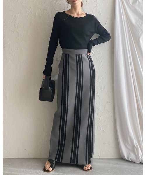 She's Closet（シーズクローゼット）の「前後2WAYストライプスリット入りハイウエストニットタイトロングスカート（スカート・レディース・ベージュ/チャコール/ブラック・FREE）」の19枚目の写真