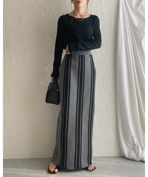 She's Closet（シーズクローゼット）の「前後2WAYストライプスリット入りハイウエストニットタイトロングスカート（スカート・レディース・ベージュ/チャコール/ブラック・FREE）」の20枚目の写真