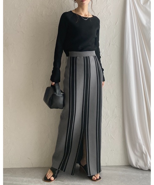 She's Closet（シーズクローゼット）の「前後2WAYストライプスリット入りハイウエストニットタイトロングスカート（スカート・レディース・ベージュ/チャコール/ブラック・FREE）」の21枚目の写真