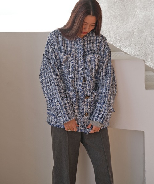 AKTE（アクテ）の「ツイードミドルジャケット（ノーカラージャケット・レディース・ブルー系/ブラック系・FREE）」の6枚目の写真