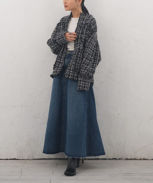 AKTE（アクテ）の「ツイードミドルジャケット（ノーカラージャケット・レディース・ブルー系/ブラック系・FREE）」の15枚目の写真