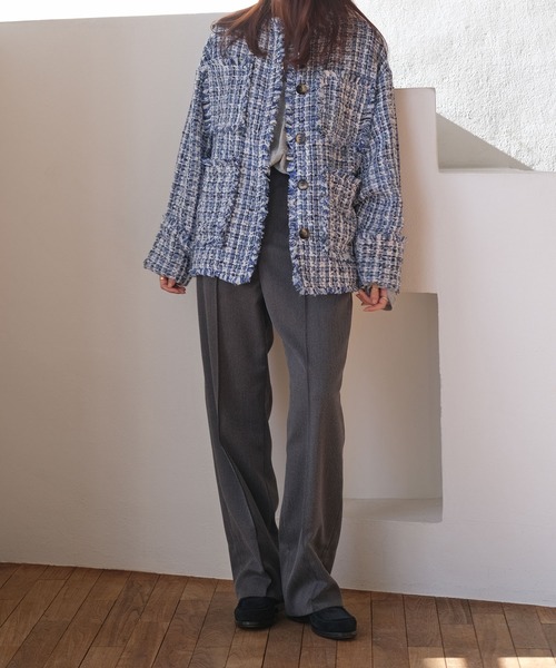 AKTE（アクテ）の「ツイードミドルジャケット（ノーカラージャケット