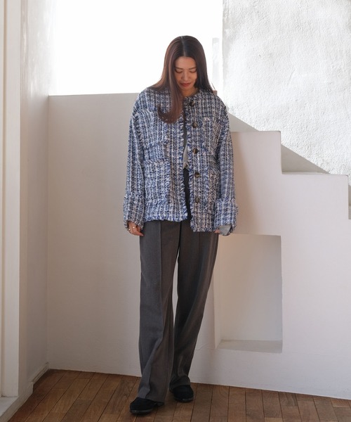 AKTE（アクテ）の「ツイードミドルジャケット（ノーカラージャケット・レディース・ブルー系/ブラック系・FREE）」の12枚目の写真