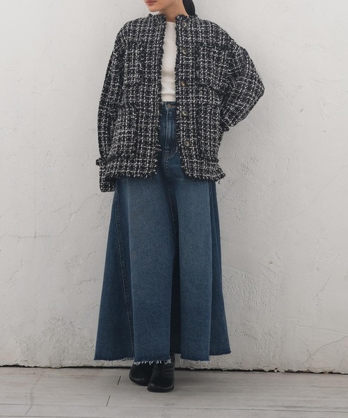 AKTE（アクテ）の「ツイードミドルジャケット（ノーカラージャケット・レディース・ブルー系/ブラック系・FREE）」の19枚目の写真