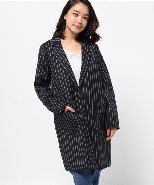 one after another NICE CLAUP（ワンアフターアナザーナイスクラップ）の「【ナイスクラップ】ストライプチェスターコート（チェスターコート・レディース・ネイビー/グレー・FREE）」の2枚目の写真