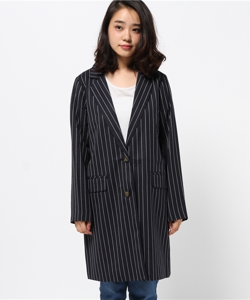 one after another NICE CLAUP（ワンアフターアナザーナイスクラップ）の「【ナイスクラップ】ストライプチェスターコート（チェスターコート・レディース・ネイビー/グレー・FREE）」の3枚目の写真