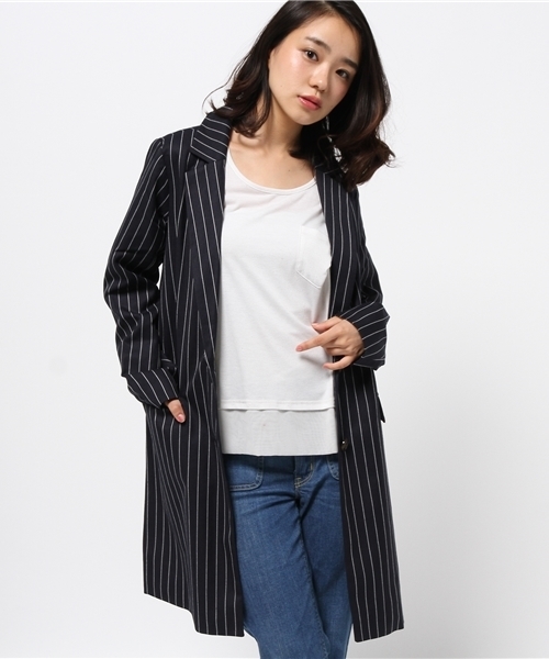 one after another NICE CLAUP（ワンアフターアナザーナイスクラップ）の「【ナイスクラップ】ストライプチェスターコート（チェスターコート・レディース・ネイビー/グレー・FREE）」の6枚目の写真