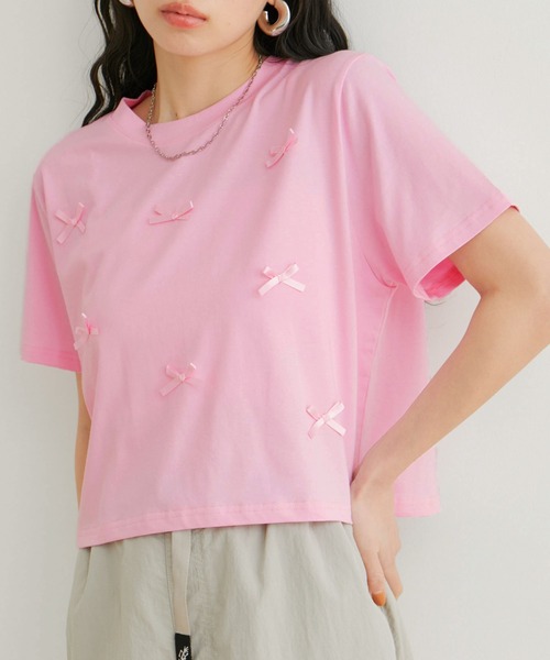 VIS(ビス)の「【WEB限定】リボンモチーフTシャツ(Tシャツ/カットソー・レディース・ピンク/ホワイト系その他/ブラック系その他・FREE)」の1枚目の写真