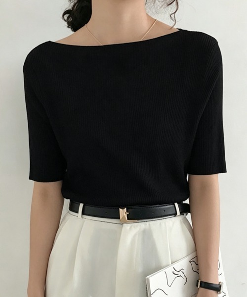 Miniministore(ミニミニストア)の「サマーニット ボートネック 着やせ(ニット/セーター・レディース・ブルー/イエロー/ブラック/ホワイト/グリーン/ピンク・FREE)」の3枚目の写真