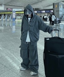 XU | ストリートファッション XU エックスユー pocket cargo zip hoodie ポケットカーゴジップフーディー ピグメントパーカー ジップパーカー オーバーサイズ 長袖パーカー 長袖フーディー 羽織り 韓国ファッション Y2Kファッション(パーカー)