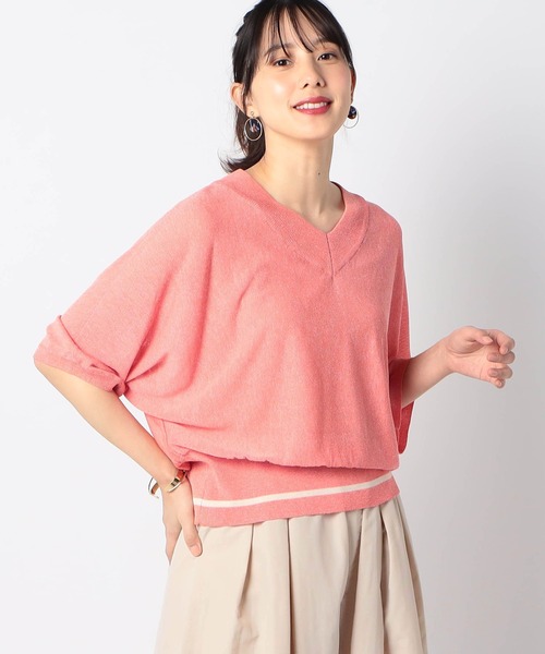 Grand PARK（グランドパーク）の「ライン入りVネックサマーニット（ニット/セーター・レディース・ブルー/グレー/レッド系/ライトベージュ・FREE）」の4枚目の写真